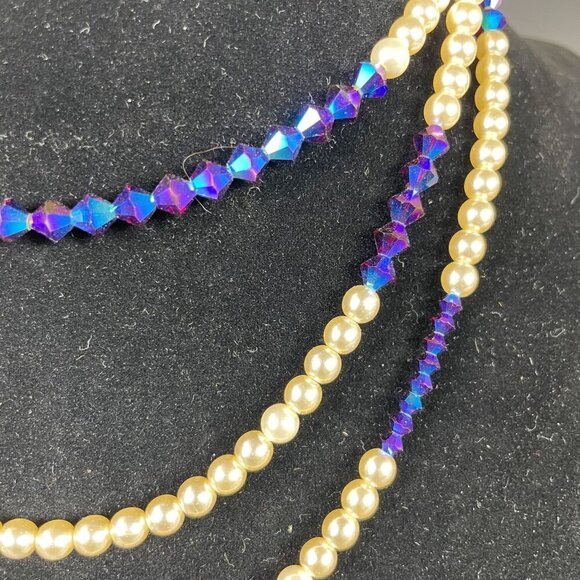 Vintage Faux Pearl & Blue Swarovski Crystal Beaded Necklace Hook Clasp - Picture 2 of 5